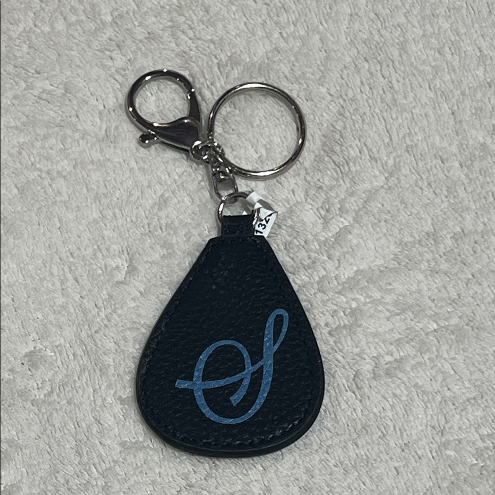 Thirty-One Initial Key Fob Black Leather Keychain with Blue “S”